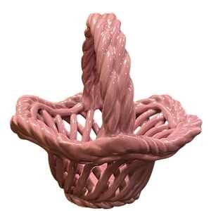 Elegant vintage handmade Pink Ceramic Woven Handled Basket